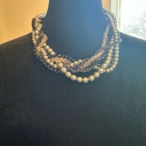 Multi-Strand silver tone and Black Beaded Necklace